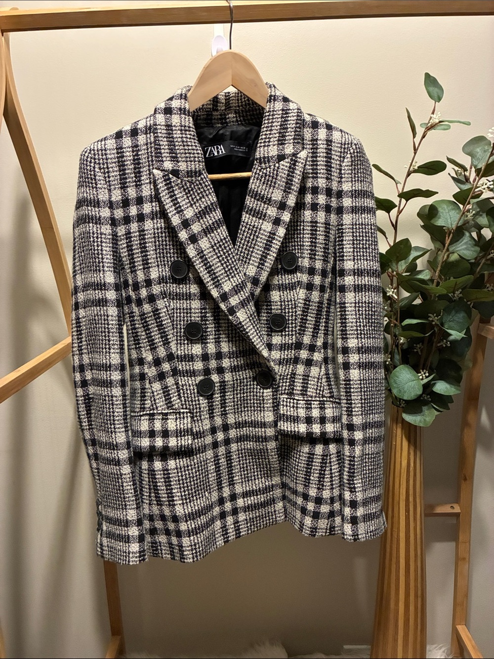 Zara Black & Cream Plaid Double-Breasted Blazer Jacket